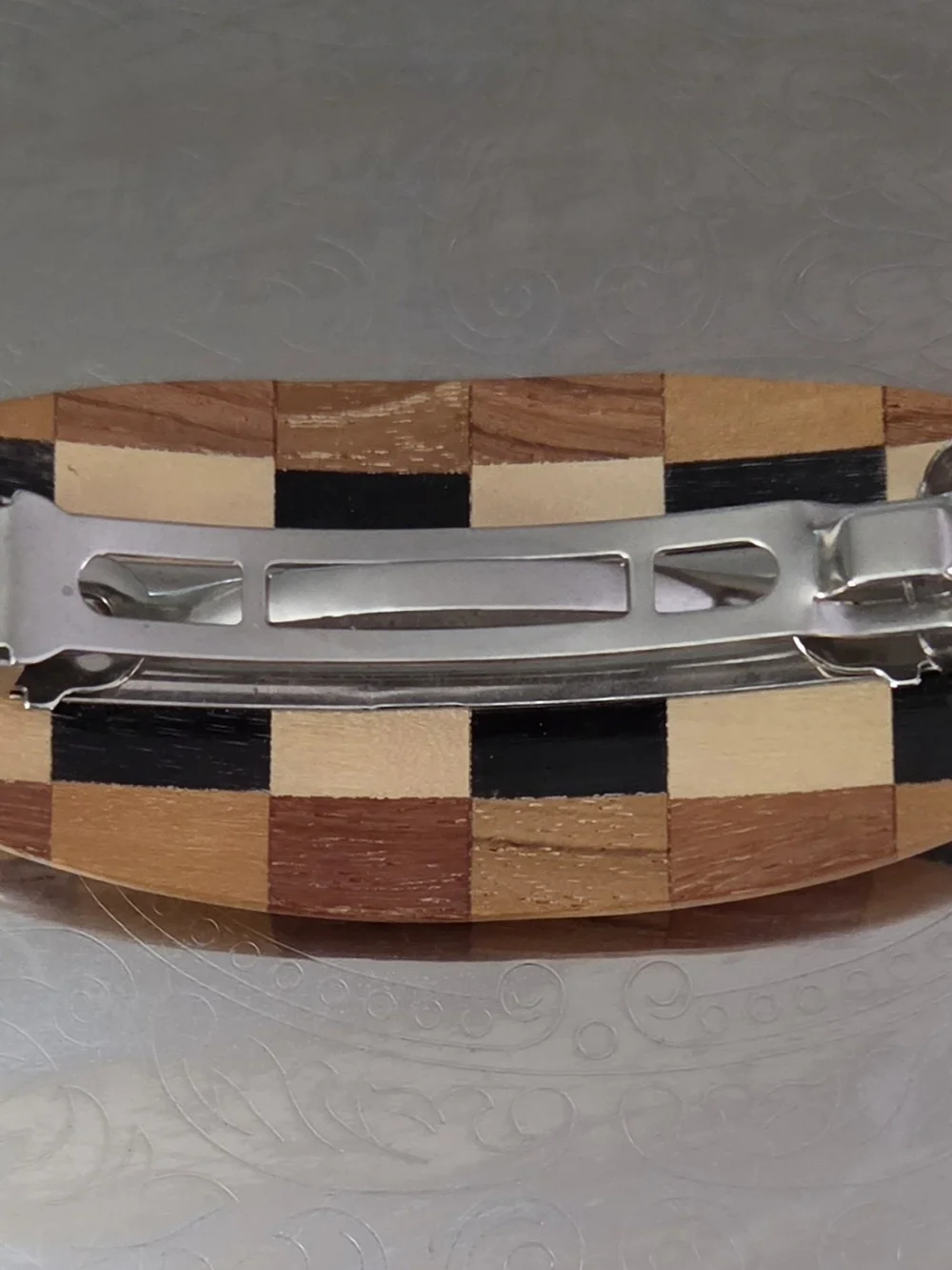 Vintage Handmade Hawaiian Koa Wood Checkerboard Inlay Hair Barrette Clip